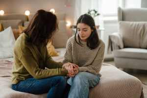 Mother comforting teen daughter on sitting on a bed